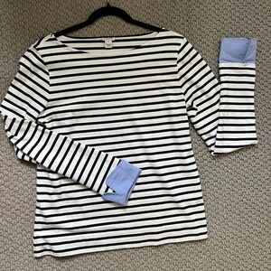 J. Crew Black and White Striped Long Sleeve Tee with Blue Cuffs